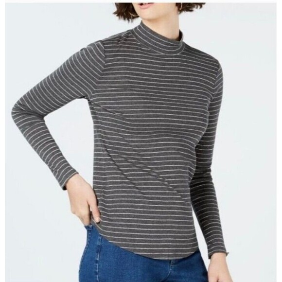 Charter Club Women Cotton Silver Striped Mock-Neck Top Black Size Small Cotton - Picture 1 of 11